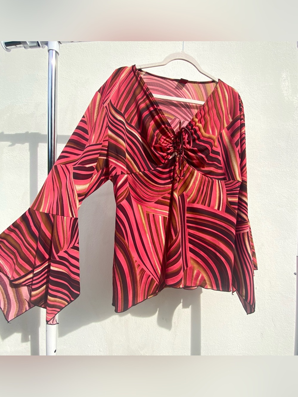 Y2K Boho Pink & Brown Abstract Stripe Flare Sleeve Ruched Bust Blouse Size 3X